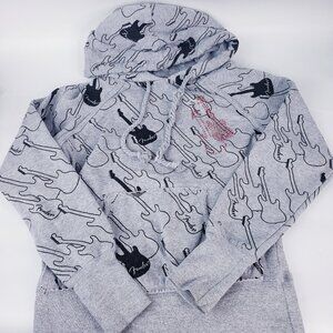 Fender Guitar Pullover Hoodie Sweatshirt Gray Pink Rhinestone Girls Size M